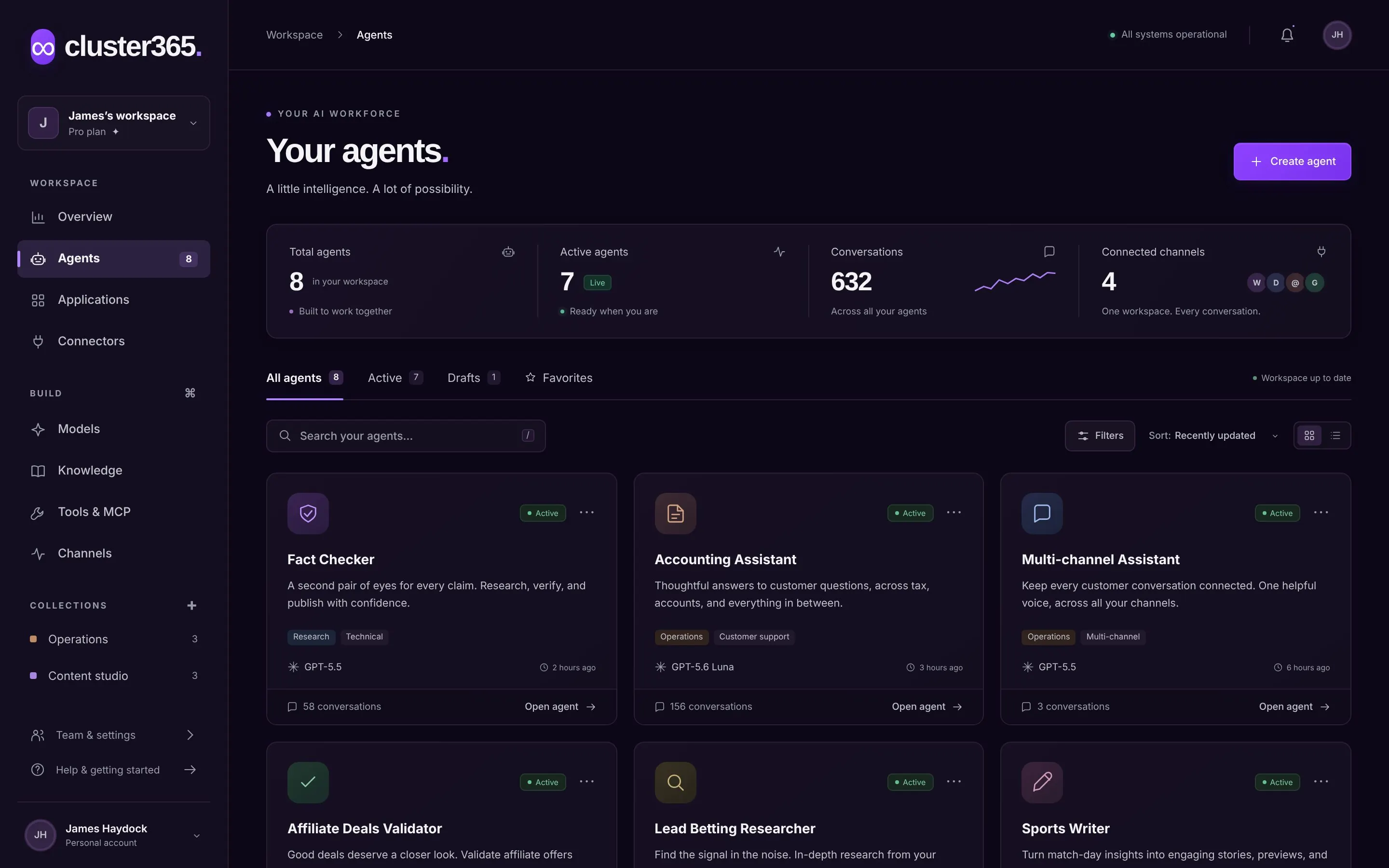 The Cluster365 workspace: your agents, active agents, conversations and connected channels, with agent cards for a fact checker, accounting assistant and multi-channel assistant